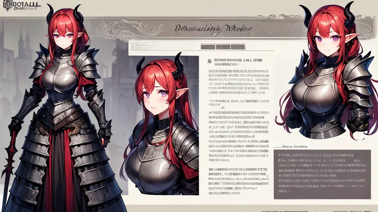 (Masterpiece, best quality), detailed, character sheet, many items (the same person, medieval royal armor, demonic heavy armor, fullplate armor, many parts), athletic, busty, demon, demon girl, detailed beautiful purple eyes, detailed face, pointy ears, re...