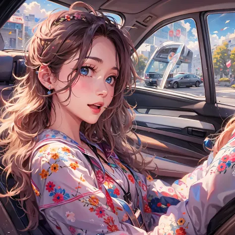 ((highest quality)), ((masterpiece)), (Get used to it), Perfect Face , beautiful girl , Get in the passenger seat of the car , spring ,