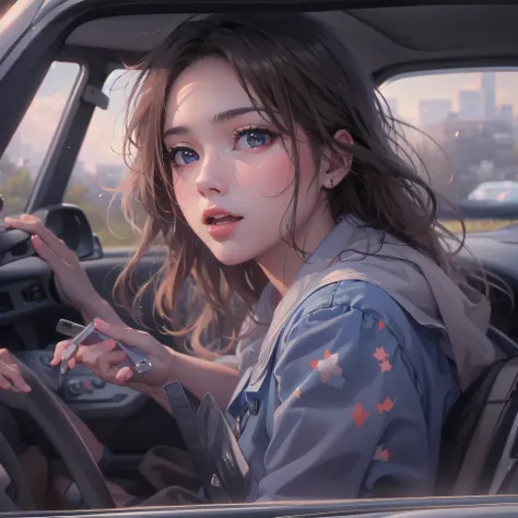 ((highest quality)), ((masterpiece)), (Get used to it), Perfect Face , beautiful girl , Riding in the passenger seat of a car , spring ,