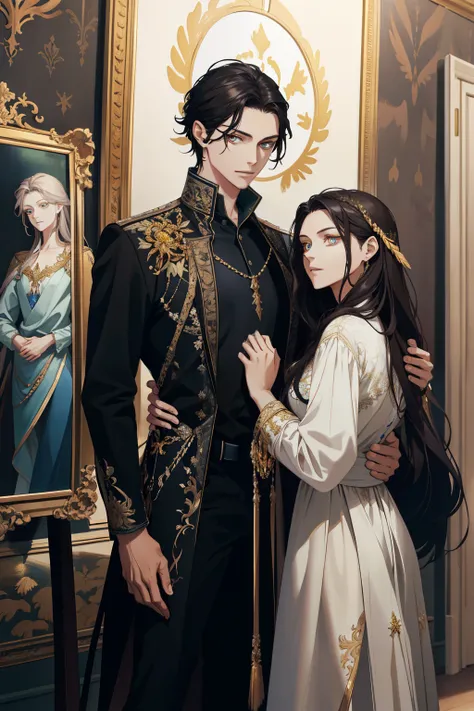 (absurd, high resolution, ultra detailed), When I noticed a painting on the wall.
It was a portrait of my family.
Zephyr stood beside. Valendrya. Her Dark hair and golden eyes highly resembled me. 
I stood in front of her With Valsendrake and Icarus standi...