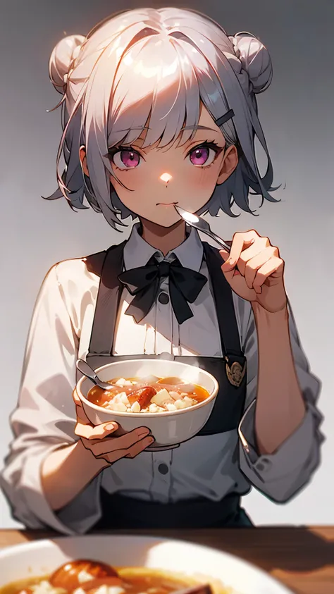 (highest quality,High resolution,Very detailed),eat porridge, Short silver bob hair tied in a bun with a hair clip, Pink Eyes、spoon, Background blur, Written boundary depth