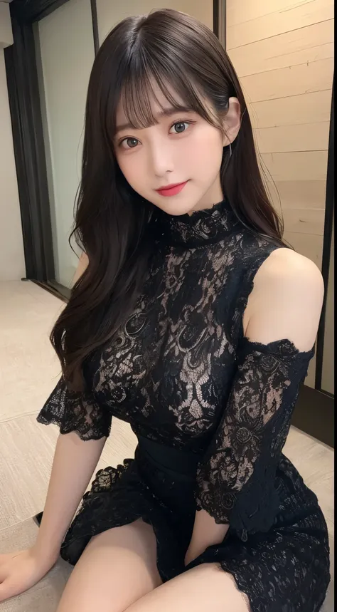 (High neck lace outfit、Ample breasts、Be sexually aroused、Put your legs out of the lace skirt、Very small waist)、(Bold sexy pose、19 years old、Beautiful and detailed eyes、No makeup)、(highest quality、masterpiece:1.3、Ultra-high resolution)、(Very detailed、Causti...