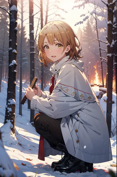 irohaisshiki, iroha isshiki, short hair, brown hair, (Brown eyes:1.5), smile,
Open your mouth,snow, fire, Outdoor, boots, snowing, From the side, wood, suitcase, Cape, Blurred, Food up, forest, White handbags, nature,  Squat, Mouth closed, フードed Cape, wint...