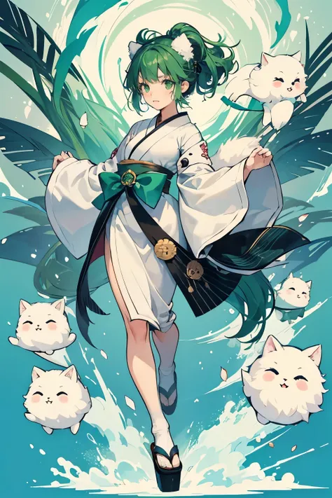 Japanese style、漫画のcharacter、not human、Bipedal animals、character、A form reminiscent of a girl、deformed、cute、fluffy、whole body、fluffyな毛並み、Fluffy、A green-based color scheme、black