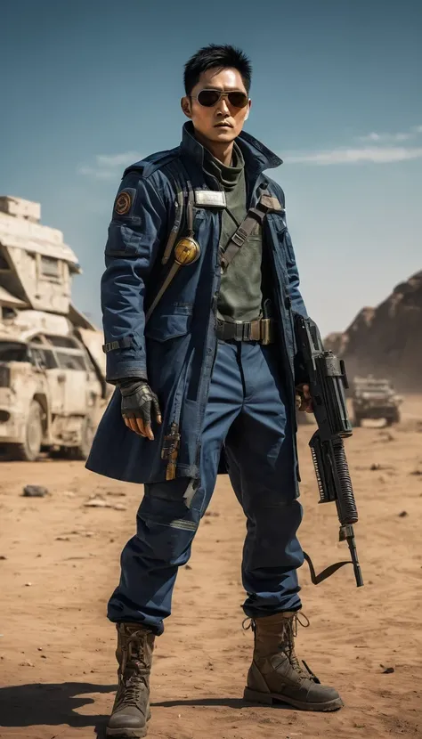 (Character Design), Science Fiction, (Full Body), The main character of the science fiction novel "District 9" looks a lot like the Chinese actor Hu Ge, (Interstellar Cowboy Qin Yu is firing with a modern technological gun), wearing sunglasses, his skin is...