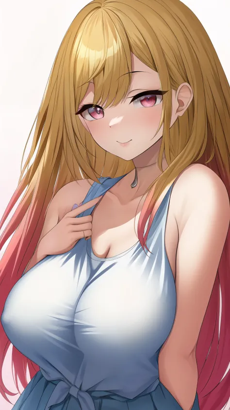 very bright and clear color ,Marin Kitagawa - My Dress-Up Darling A cute anime girl with big breasts , black tank top thin straps , with a prick phallus member. Breasts ,well drawn hands and face high resolution details well drawn