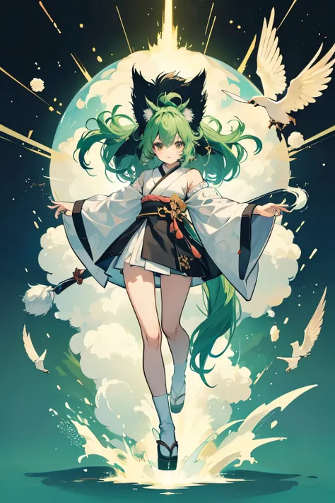 not humancharacter、Japanese style、漫画のcharacter、not human、Bipedal animals、character、A form reminiscent of a girl、deformed、cute、fluffy、whole body、fluffyな毛並み、Fluffy、A green-based color scheme、black