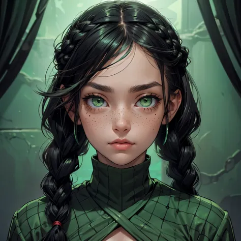 portrait,Military, black hair woman braids with freckles turquoise green eyes a strangulation and strangler on head tights black fishnet combination, soleil vert, vert