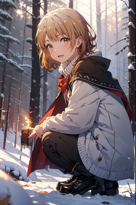 irohaisshiki, iroha isshiki, short hair, brown hair, (brown eyes:1.5), smile,
open your mouth,snow, fire, outdoor, boots, snowin...