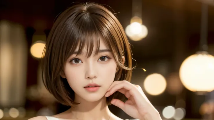(masterpiece, Very detailed, Very detailed, Exquisite, 16k, Confused), woman, 19 years old, glamorous, (Suppin breeze:1.4), Looking at the audience, short hair, Messy Hair, Diagonal bangs, brown hair, Brown eyes, Upper Body, movie lighting, Blurry backgrou...