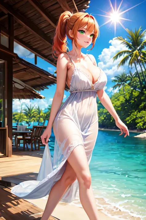 ginger hair, pony tail, green eyes, cleavage, sun dress, very tall, very long legs, island resort walking