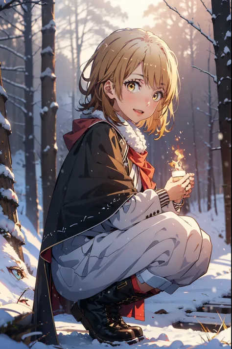 irohaisshiki, iroha isshiki, short hair, brown hair, (brown eyes:1.5), smile,
open your mouth,snow, fire, outdoor, boots, snowin...