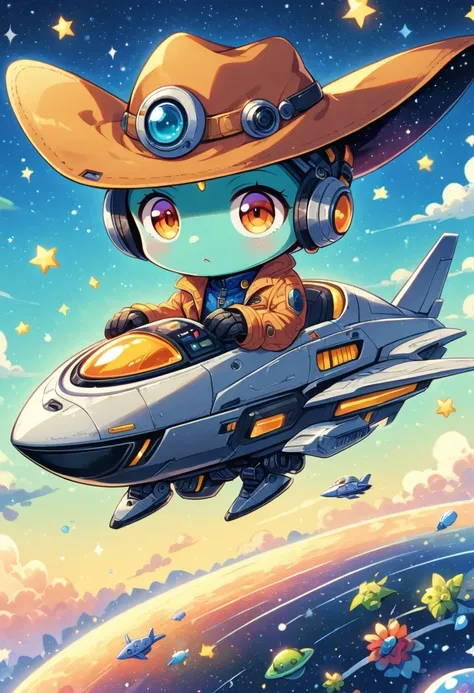 Alien in denim suit on alien spaceship，Wearing a stylish cowboy hat，Futuristic starry sky background，Alien Technology，Mechanical Cowboy，Mechanical spaceship