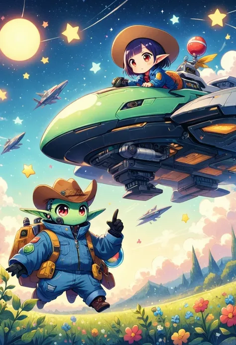 Alien in denim suit on alien spaceship，Wearing a stylish cowboy hat，Futuristic starry sky background，Alien Technology，Mechanical Cowboy，Mechanical spaceship