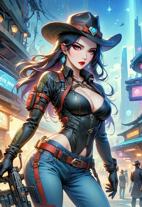 masterpiece, pale skin, red lips, light eyes, Eyeshadow, Front view of a beautiful woman wearing a stylish cowboy hat，Cyberpunk cowboy in interstellar tavern，Futuristic starry sky background，Alien Technology，Mechanical Cowboy，Wearing a red and black mechan...