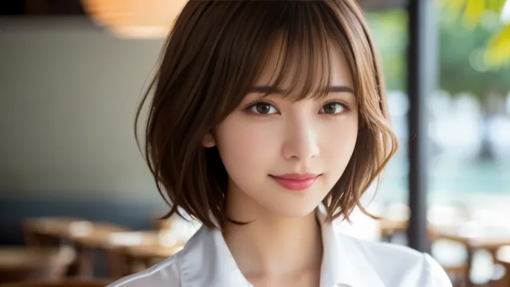 product quality, Upper Body Shot, Front view, inside a stylish cafe, 1 girl, Young and beautiful Japan woman, Short Bob Hair, Super cute face, glamorous, I wear a satin silk white shirt with short sleeves and long sleeves with a collar, Lots of smiles at t...