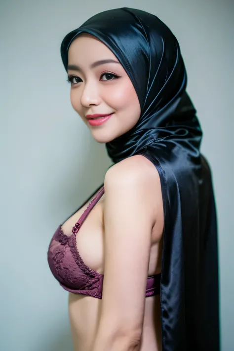 Malay girl in hijab wearing sexy dark pink color satin bra and panties portrait photography, mid shot photo, ultra detail, professional photograph with professional lighting, smile, light blue studio background, sexy seducing pose, curvy