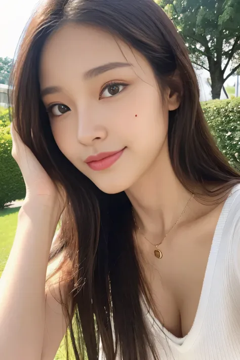 ((highest quality, 8K, masterpiece:1.3)), concentrated:1.2, Perfect body beauty:1.4, Hips:1.2, ((Delicate Hair)), (A fashionable summer T-shirt with a colorful irregular neckline, back tie and slim fit.、 :1.1) , ((highest quality、8K、masterpiece:1.3))、1 Gir...