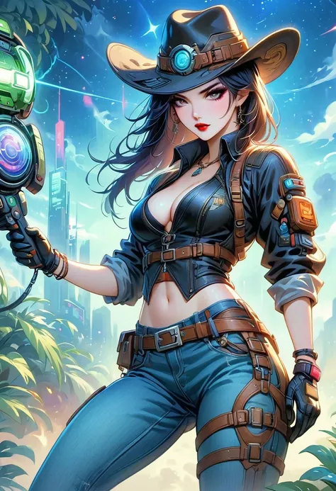 masterpiece, pale skin, red lips, light eyes, Eyeshadow, Front view of a beautiful woman wearing a stylish cowboy hat，Cyberpunk cowboy in interstellar tavern，Futuristic starry sky background，Alien Technology，Mechanical Cowboy，Wearing a red and black mechan...