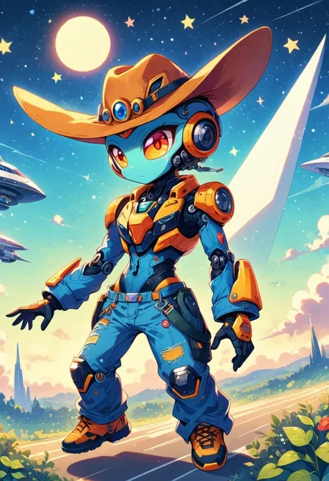 Alien in denim suit on alien spaceship，Wearing a stylish cowboy hat，Futuristic starry sky background，Alien Technology，Mechanical Cowboy，Mechanical spaceship