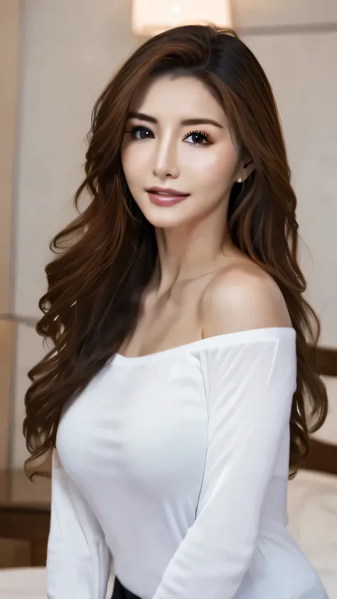 (highest quality,4K,8k,High resolution,masterpiece:1.2),Very detailed,(Realistic,photoRealistic,photo-Realistic:1.37),Portraiture,High Ray Nimalism Elegant White Shirt,slim black pants,Her tall figure and graceful curves,on the shoulder,slightly curled,Lon...