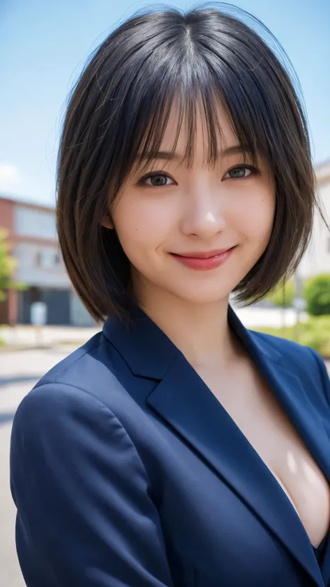 (highest quality,masterpiece:1.3,Ultra-high resolution),(Super detailed,Caustics,8k),(Photorealistic:1.4,RAW shooting),Age 25,cute,Japanese,Black Hair Middle Hair,Big Breasts,(pants suit),(smile),Looking into the camera,blue sky,office Street,(Face Focus:1...