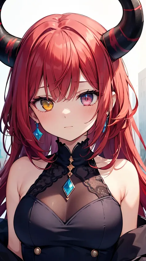 (((Best quality, 8k, Masterpiece: 1.3)), ((best quality)), ((masterpiece)), (detailed), perfect face, horns, crazy eyes, devil pupils, heterochromia, crazy, yandere, Demon girl with goat horns, (dark blue dress), demon world, underground, dim light, (red h...