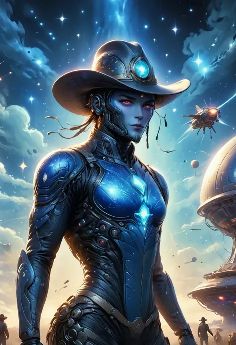 Alien in denim suit on alien spaceship，Wearing a stylish cowboy hat，Futuristic starry sky background，Alien Technology，Mechanical Cowboy，Mechanical spaceship