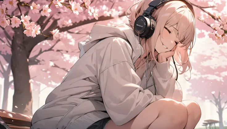 ((best quality)), ((masterpiece)), (detailed), perfect face, sitting under the cherry blossom tree, listening to music, One woman, wearing headphones, eyes closed, wearing underwear, underwear is transparent, sitting on a bench