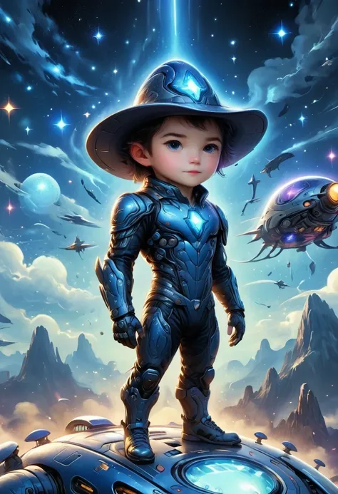 Alien in denim suit on alien spaceship，Wearing a stylish cowboy hat，Futuristic starry sky background，Alien Technology，Mechanical Cowboy，Mechanical spaceship