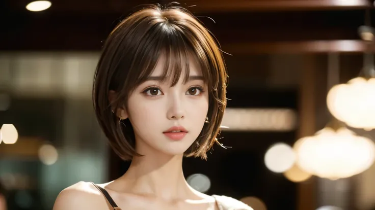 (masterpiece, Very detailed, Very detailed, Exquisite, 16k, Confused), woman, 19 years old, glamorous, (Suppin breeze:1.4), Looking at the audience, short hair, Messy Hair, Diagonal bangs, brown hair, Brown eyes, Upper Body, movie lighting, Blurry backgrou...