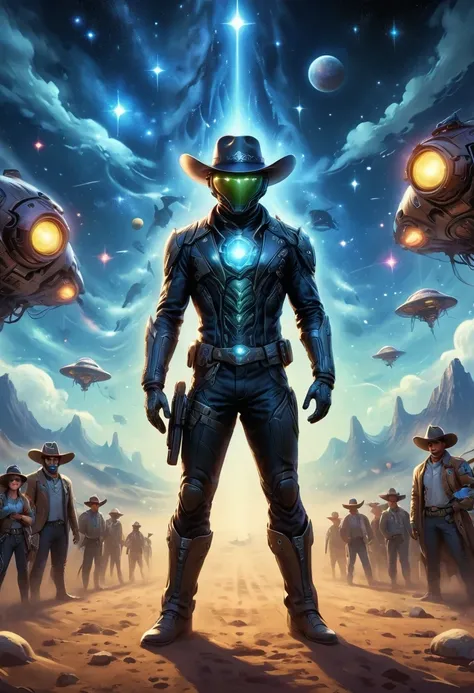 Aliens in cowboy suits in interstellar taverns，Wearing a stylish cowboy hat，Futuristic starry sky background，Alien Technology，Mechanical Cowboy，Mechanical Tavern