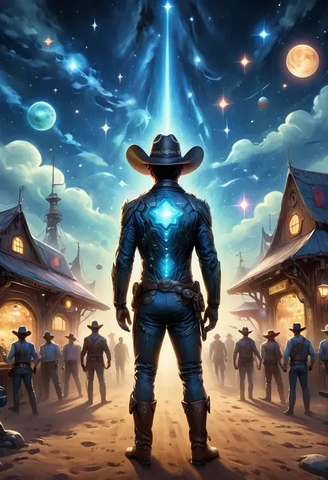 Aliens in cowboy suits in interstellar taverns，Wearing a stylish cowboy hat，Futuristic starry sky background，Alien Technology，Mechanical Cowboy，Mechanical Tavern