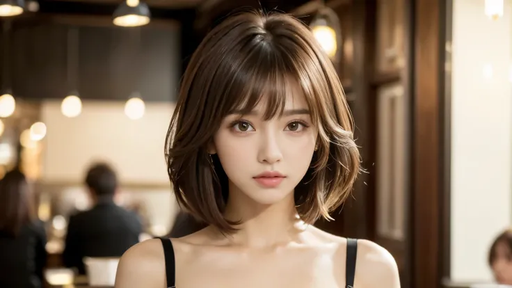 (masterpiece, Very detailed, Very detailed, Exquisite, 16k, Confused), woman, 19 years old, glamorous, (Suppin breeze:1.4), Looking at the audience, short hair, Messy Hair, Diagonal bangs, brown hair, Brown eyes, Upper Body, movie lighting, Blurry backgrou...