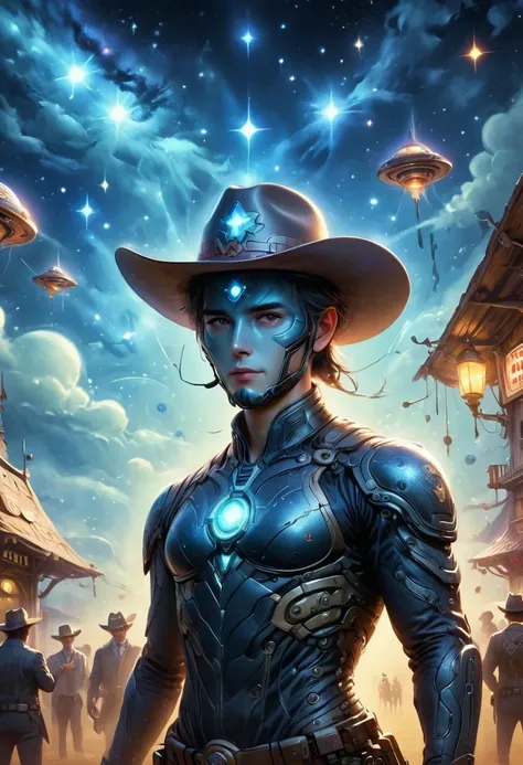 Aliens in cowboy suits in interstellar taverns，Wearing a stylish cowboy hat，Futuristic starry sky background，Alien Technology，Mechanical Cowboy，Mechanical Tavern