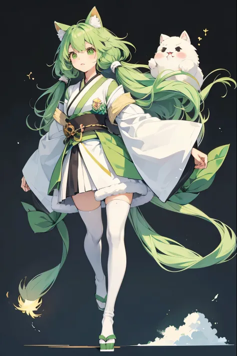 Fluffyな動物、not humancharacter、Japanese style、not human、Bipedal animals、character、A form reminiscent of a girl、deformed、cute、fluffy、whole body、fluffyな毛並み、Fluffy、A green-based color scheme、black