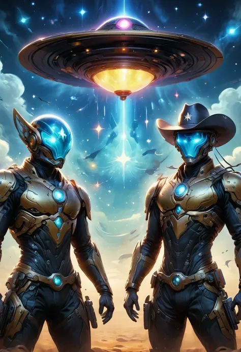 Aliens in cowboy suits in interstellar taverns，Wearing a stylish cowboy hat，Futuristic starry sky background，Alien Technology，Mechanical Cowboy，Mechanical Tavern