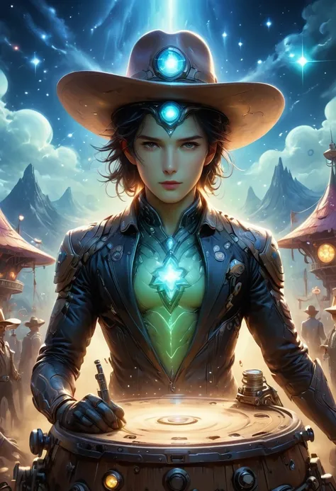 Aliens in cowboy suits in interstellar taverns，Wearing a stylish cowboy hat，Futuristic starry sky background，Alien Technology，Mechanical Cowboy，Mechanical Tavern