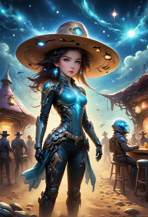 Aliens in cowboy suits in interstellar taverns，Wearing a stylish cowboy hat，Futuristic starry sky background，Alien Technology，Mechanical Cowboy，Mechanical Tavern