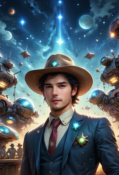 Aliens in cowboy suits in interstellar taverns，Wearing a stylish cowboy hat，Futuristic starry sky background，Alien Technology，Mechanical Cowboy，Mechanical Tavern