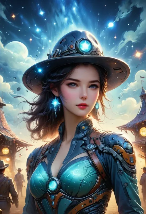 Aliens in cowboy suits in interstellar taverns,Wearing a stylish cowboy hat,Futuristic starry sky background,Alien Technology,Mechanical Cowboy,Mechanical Tavern