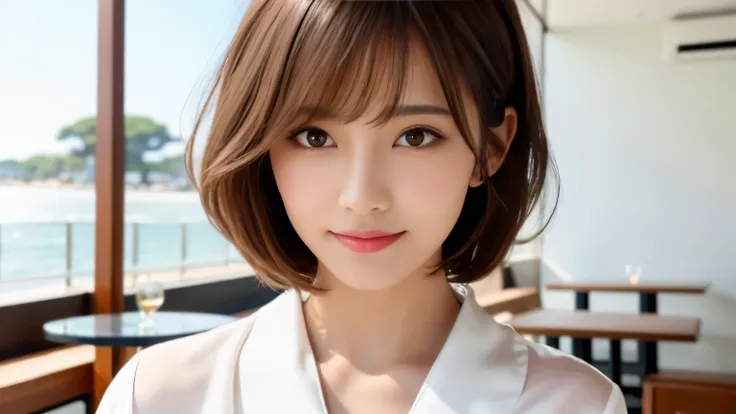 product quality, Upper Body Shot, Front view, inside a stylish cafe, 1 girl, Young and beautiful Japan woman, Short Bob Hair, Super cute face, glamorous, I wear a satin silk white shirt with short sleeves and long sleeves with a collar, Lots of smiles at t...
