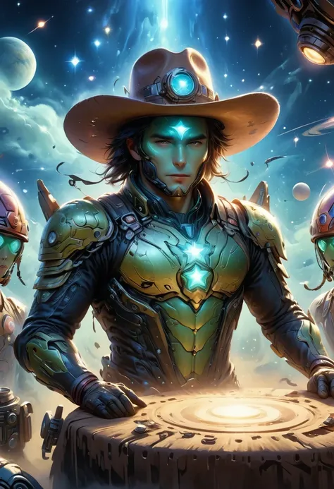 Aliens in cowboy suits in interstellar taverns，Wearing a stylish cowboy hat，Futuristic starry sky background，Alien Technology，Mechanical Cowboy，Mechanical Tavern