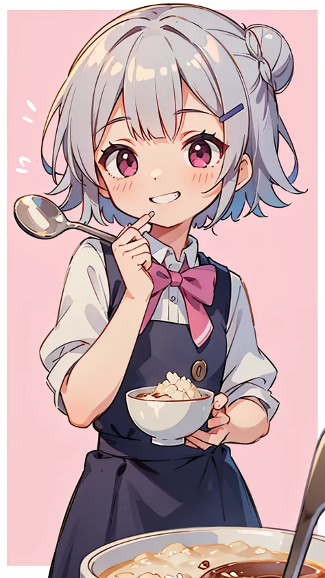 (highest quality,High resolution,Very detailed),eat porridge, Short silver bob hair tied in a bun with a hair clip, Pink Eyes、spoon, Grin、Background blur, Depth of written border