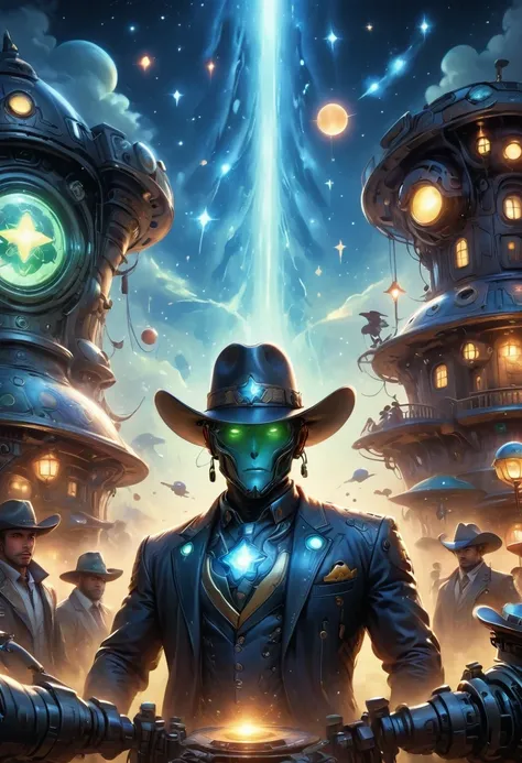 Aliens in cowboy suits in interstellar taverns，Wearing a stylish cowboy hat，Futuristic starry sky background，Alien Technology，Mechanical Cowboy，Mechanical Tavern