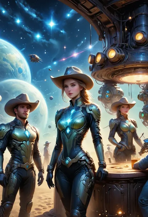 Aliens in cowboy suits in interstellar taverns，Wearing a stylish cowboy hat，Futuristic starry sky background，Alien Technology，Mechanical Cowboy，Mechanical Tavern