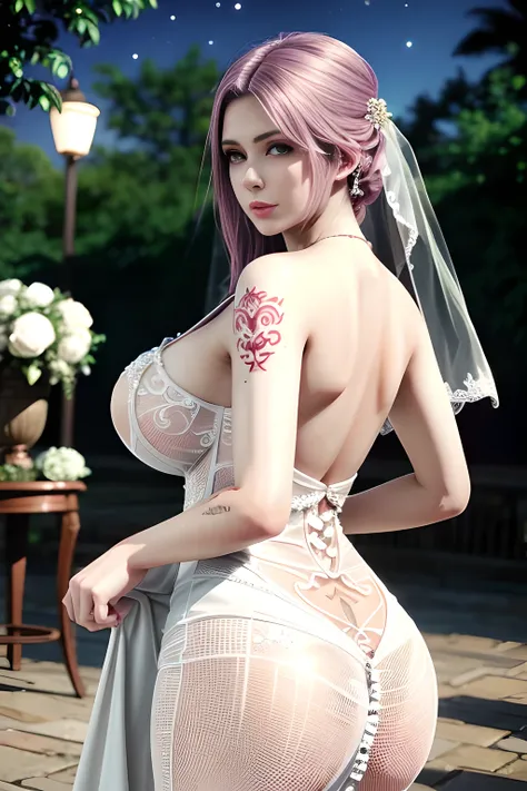 1 girl,standing posture,(( Backless Wedding Dress, see-through)), outdoor,elegant,nighttime,moonlighe,shiny skin,( huge breasts:1.1), lip gloss,( tattoos:1.3), masterpiece, best quality, realistic ,Surrealism,,Rich artistic colors, 8K,soft shadows,Portrait...