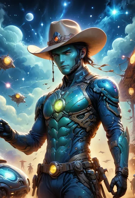 Aliens in cowboy suits in interstellar taverns，Wearing a stylish cowboy hat，Futuristic starry sky background，Alien Technology，Mechanical Cowboy，Mechanical Tavern