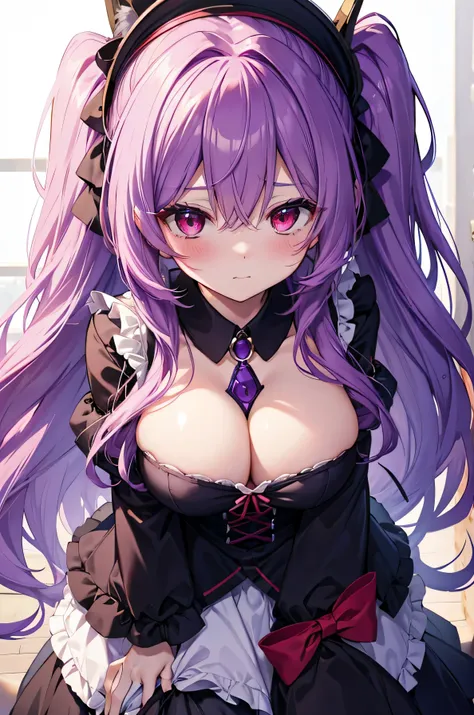 Fox Girl, Big Breasts, Voluminous purple hair, masterpiece , Red eyes、Blushed cheeks、 hd, from head to chest, buried in my chest、Underbust、piece、hair band