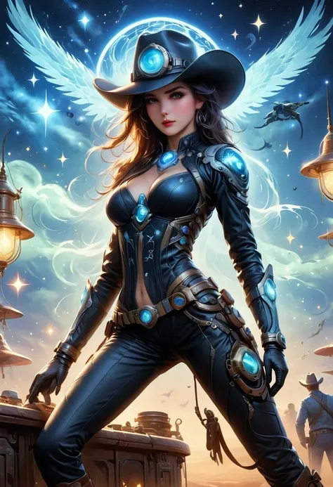 Cyberpunk Cowgirl in Interstellar Tavern，Wearing a stylish cowboy hat，Futuristic starry sky background，Alien Technology，Mechanical Cowboy，